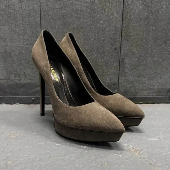 SAINT LAURENT PARIS dark gray suede leather platform stiletto heel shoes - Picture 1 of 9